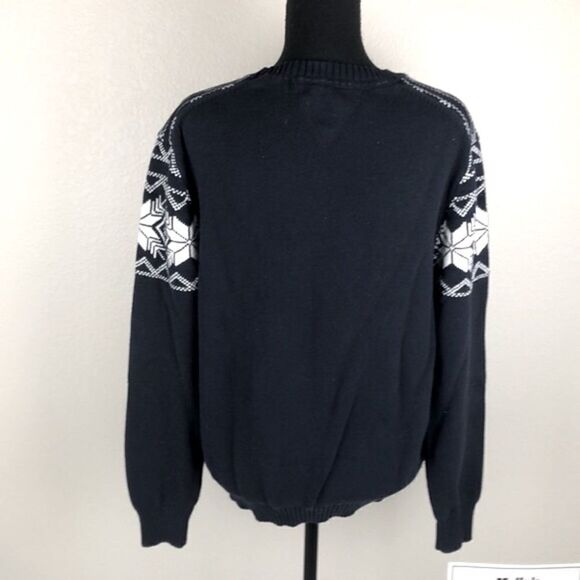 Weatherproof Blue Fair Isle Navy Sweater Cotton Crewneck White Snowflake Design - Picture 3 of 10